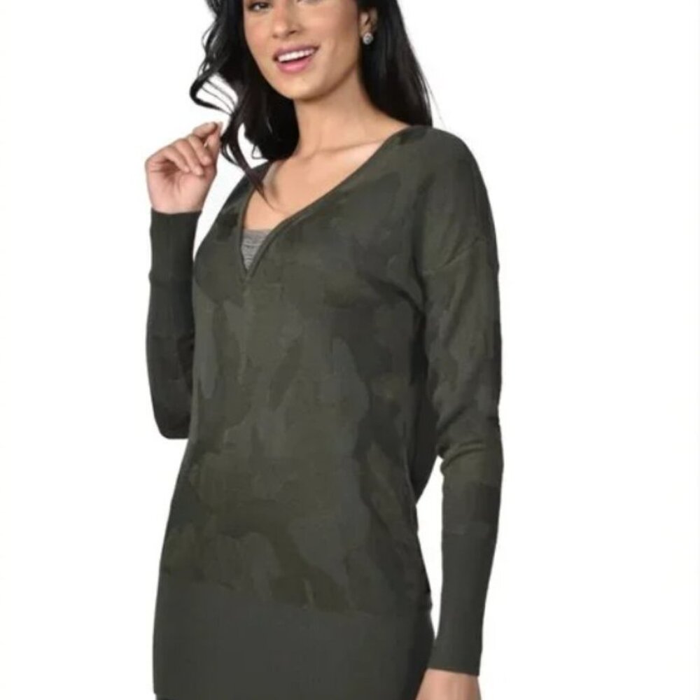 WHBM Green Camouflage Jacquard Print Tunic Sweater V-Neck Size SP